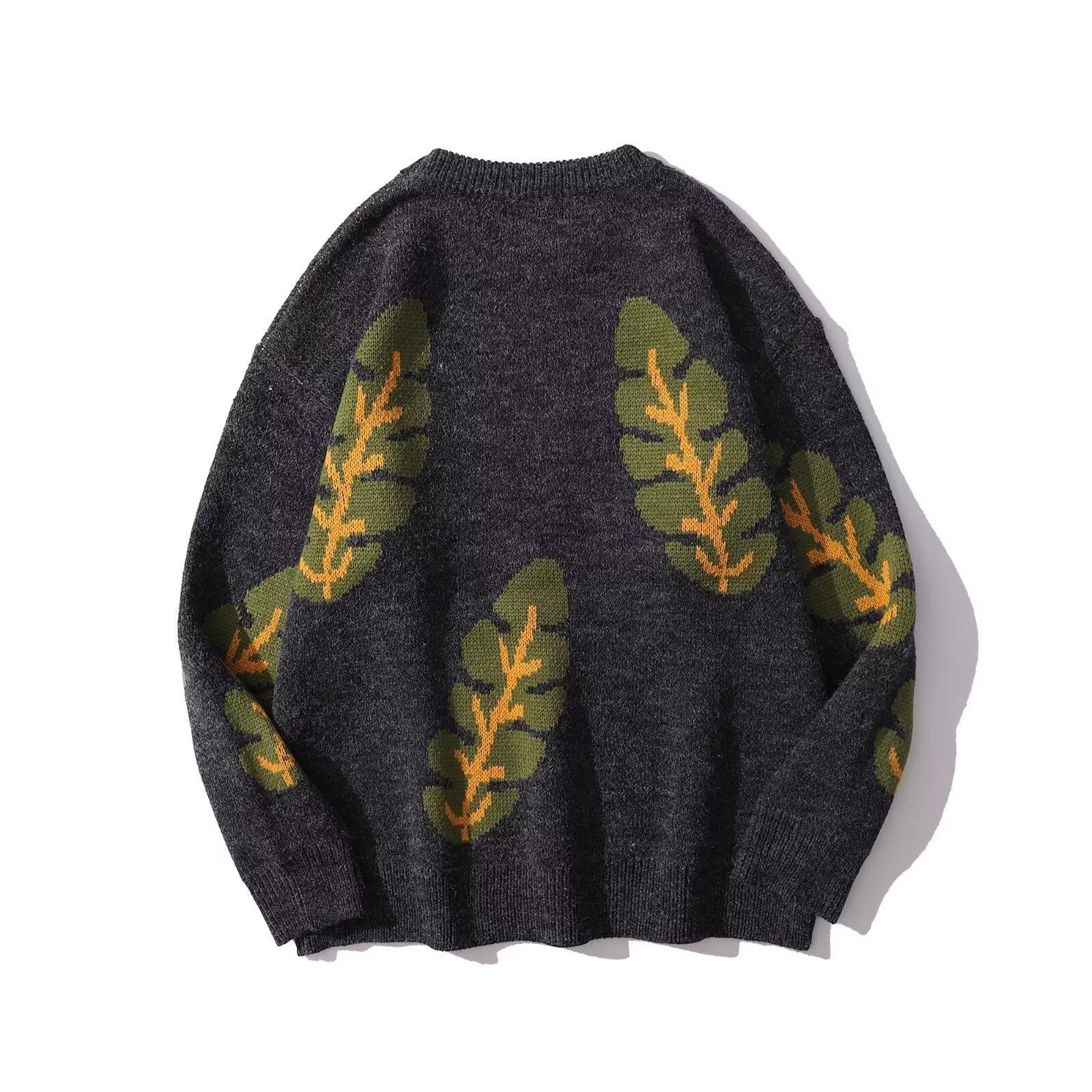 2025 Trendy Men s Loose Leaf Knit Retro Sweater - Round Neck Pullover 2XL темно-серого