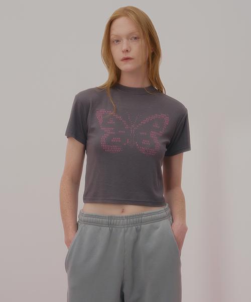 Uncover Text Butterfly Crop Short Sleeve T-Shirt Charcoal Free