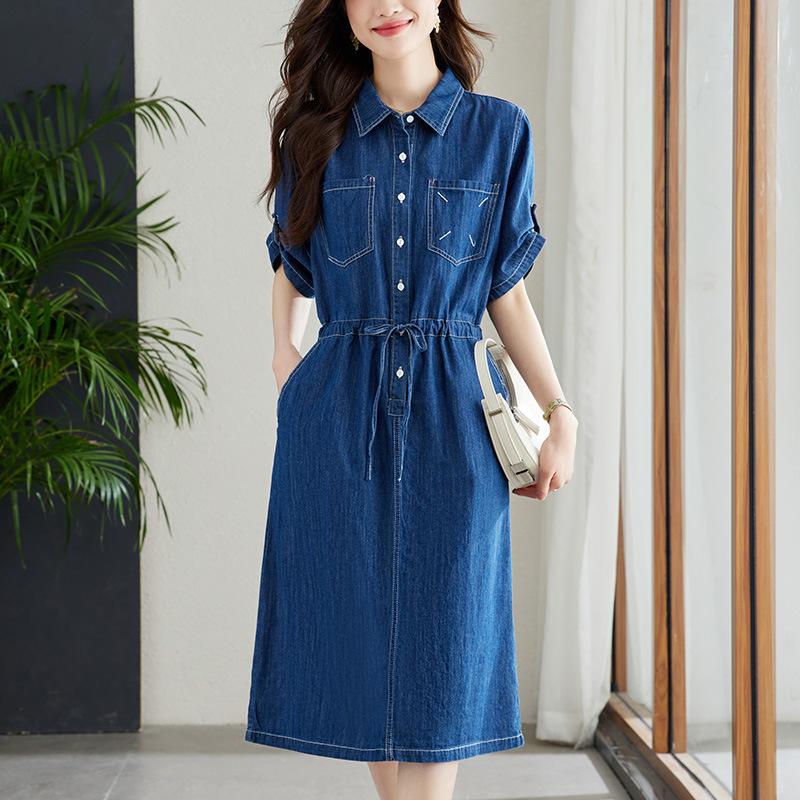 

Джинсовое платье женское с коротким рукавом летнее новое темпераментное офисное дизайнерское с кулиской на талии юбка XXL