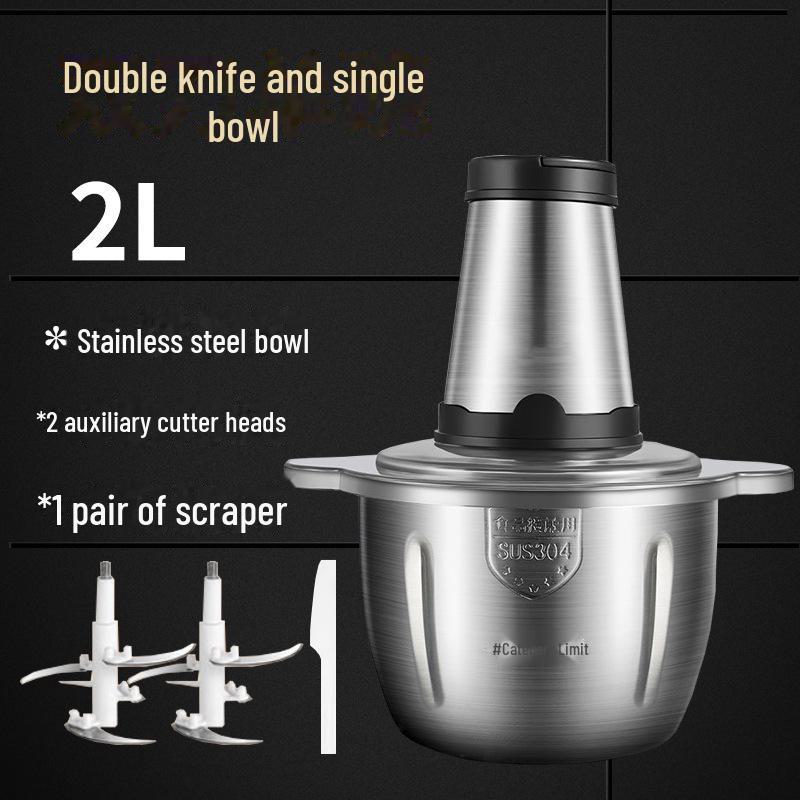 

Автоматична м ясорубка з нержавіючої сталі та часникорубка зі скляною чашею - багатофункціональна для домашнього приготування їжі. Double knife, 2L stainless steel bowl