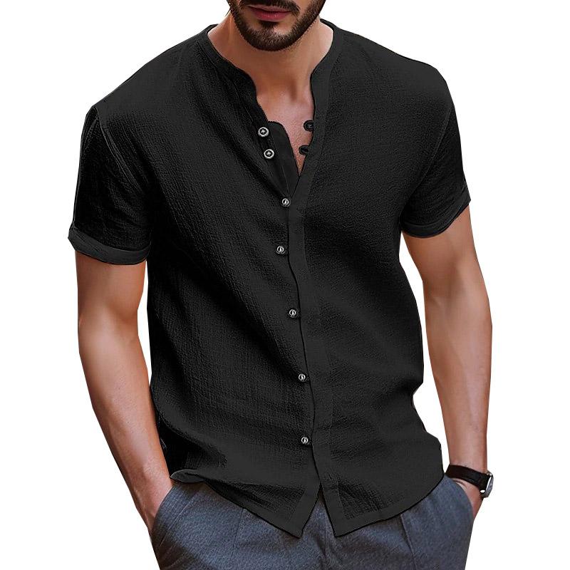 Letnia biała koszula męska bawełniane lniane topy męskie guziki z krótkim rękawem jednokolorowe niebieskie czarne koszule
