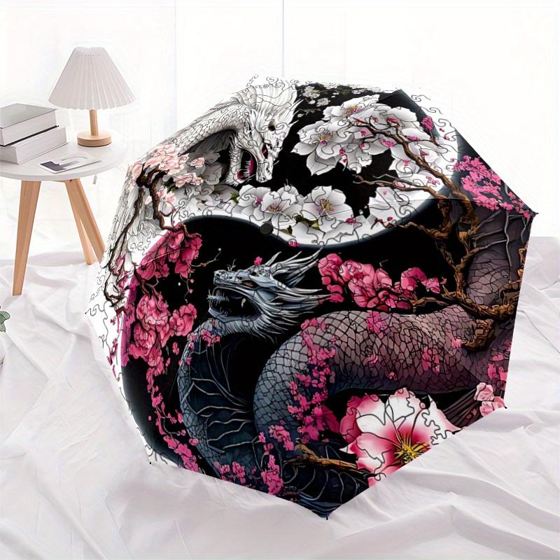 1pc Yin and Yang White Dragon and Black Dragon Automatic Folding Umbrella - 3 Folding Design, Vivid Cartoon Pattern, Suitable for Outdoor Activit