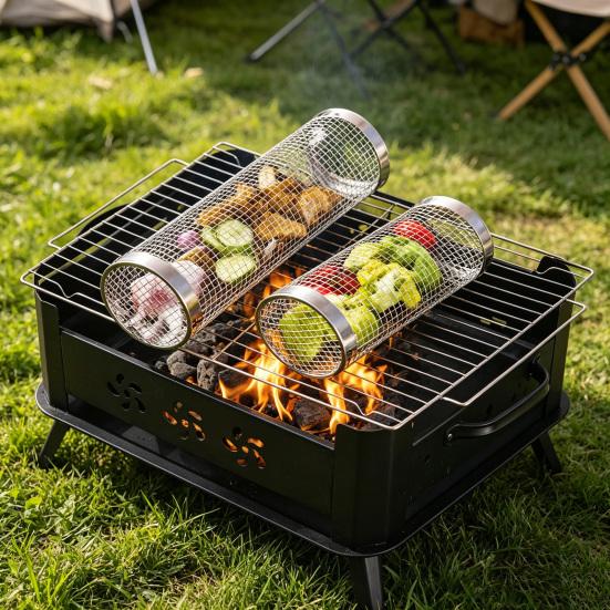 Drehbarer Grillkorb mit Holzgriff, Edelstahl-Zylinderkäfig für Camping, Antihaft-Outdoor-Kochwerkzeug