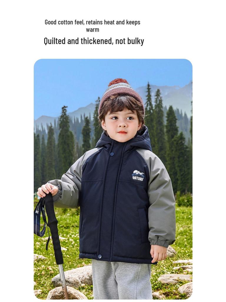 2025 New Boys' Thickened Hooded Cotton Jacket - European Winter Style with Contrasting Colors for Toddlers and Children