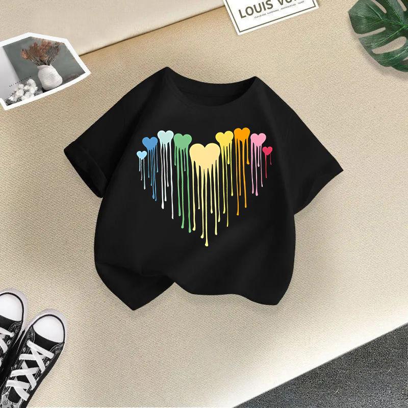New Girls' Short Sleeved Children's T-shirt Fireworks Printed Versatile Middle and Small Children's Top Summer Fashion