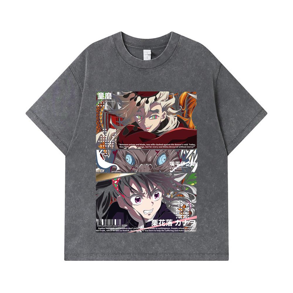 275 GSM Washed T-shirts 100% Cotton Demon Slayer V30 Kanao x Doma Black Print Unisex Heavy Cotton T Shirt
