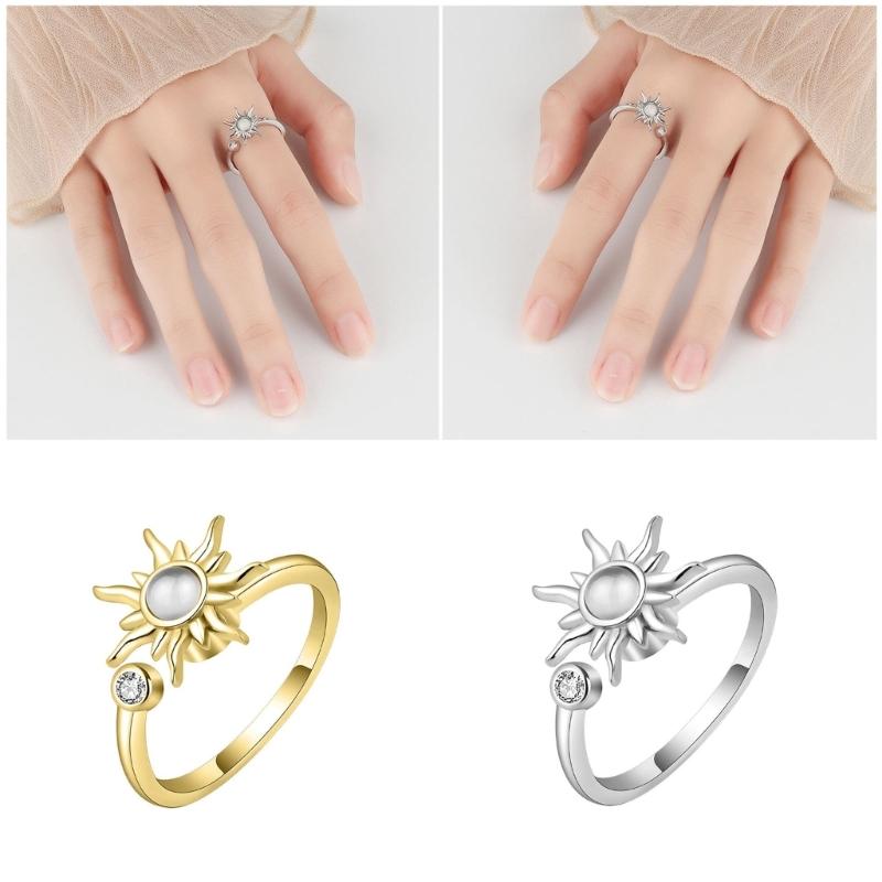 Anti Stress Spinner Ring For Women Adjustable Copper Jewelry With Floral Zircon Accents Anxiety Relief Gift