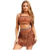 Womens Tribal Princess Set Off Shoulder Crop Top Mini Skirt Vintage Pattern Trim Tiered Tassel Faux Suede Costume