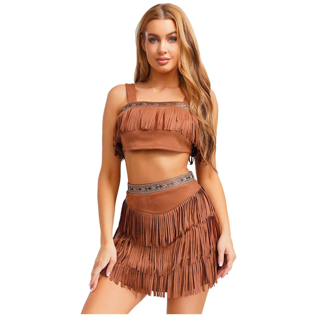 Womens Tribal Princess Set Off Shoulder Crop Top Mini Skirt Vintage Pattern Trim Tiered Tassel Faux Suede Costume