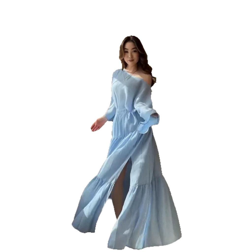 European and women's clothing new holiday style diagonal collar long-sleeved loose top open fork wide swing long skirt set