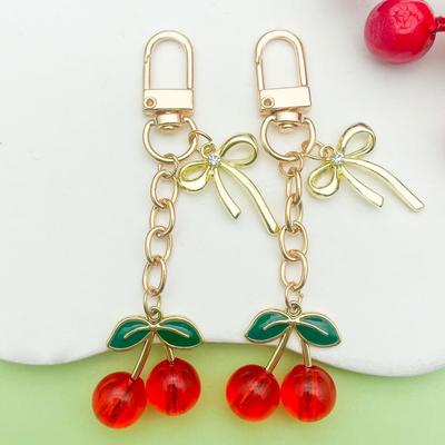 Exquisite Cherry Rhinestone Bow Pendant Keychain - Cute 3D Fruit Alloy Charm Jewelry