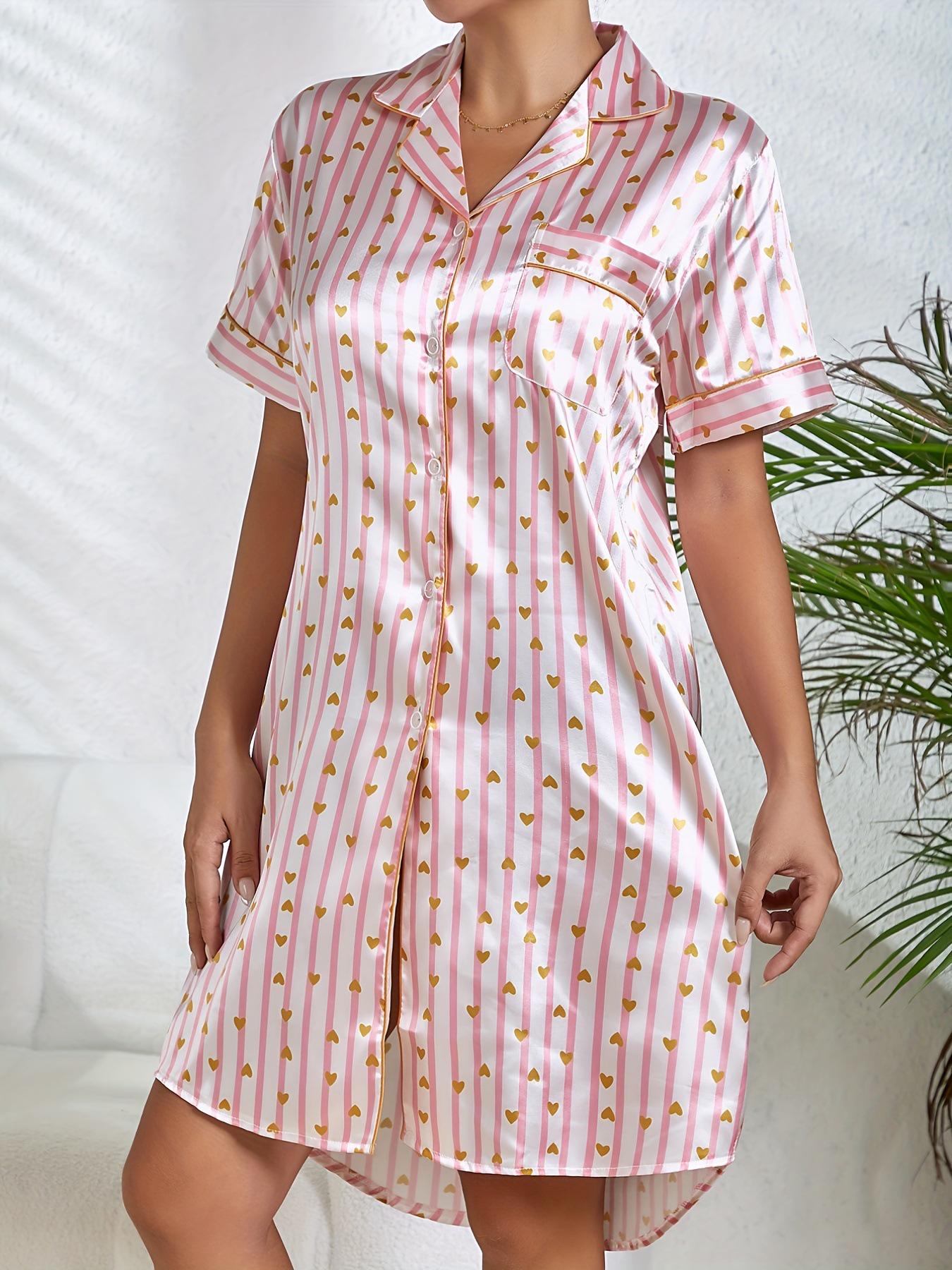 

2024 Women s Striped Heart Silk Faux Pajama Set - Short Sleeve & Skirt, Versatile for Home or Out, European & American Style Extra Large