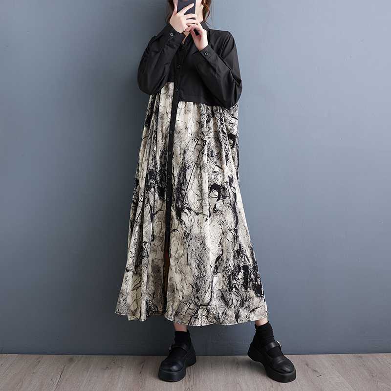 Spring and Autumn Women's Dress Loose Plus Size Literary Print Irregular Splicing Shirt Dress Fashion Dresses