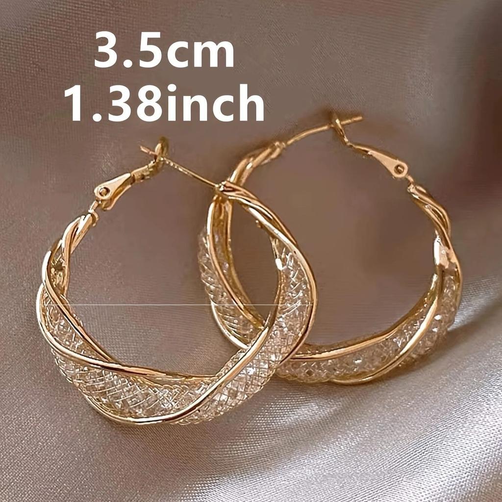 Elegant Shiny Mesh Design Rhinestones Hoop Earrings Vintage Gold Color Hollow Mobius Twisted Round Earrings Women's Jewelry