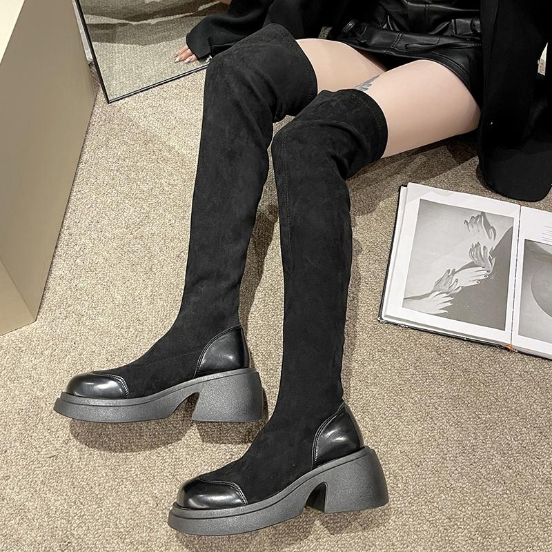 Block Heel Over The Knee Boots Fashion Round Toe Spliced Flannelette Platform Non-Slip Skinny Boots