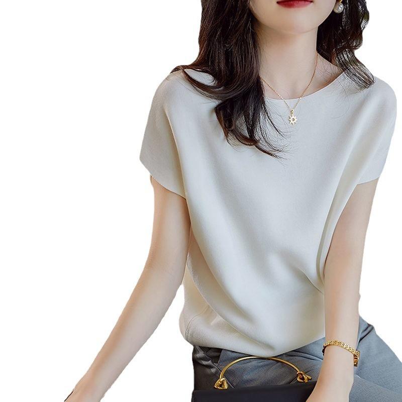 Damen Unifarben, Gestricktes T-Shirt Kurzarm Eis Seide Batman Sommer Neu Dünner Pullover