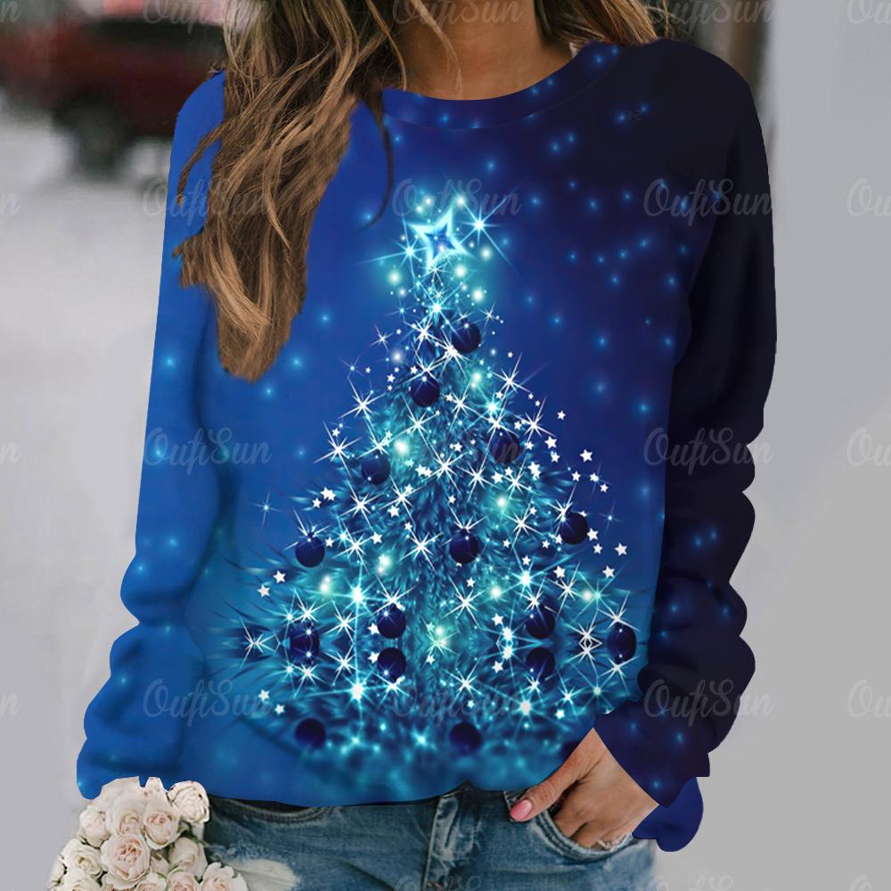 Christmas Tree Printed Women's T-Shirt Holiday Clothing For Ladies Autumn O-neck Loose Long Sleeve Tops Female Harajuku Pullover
