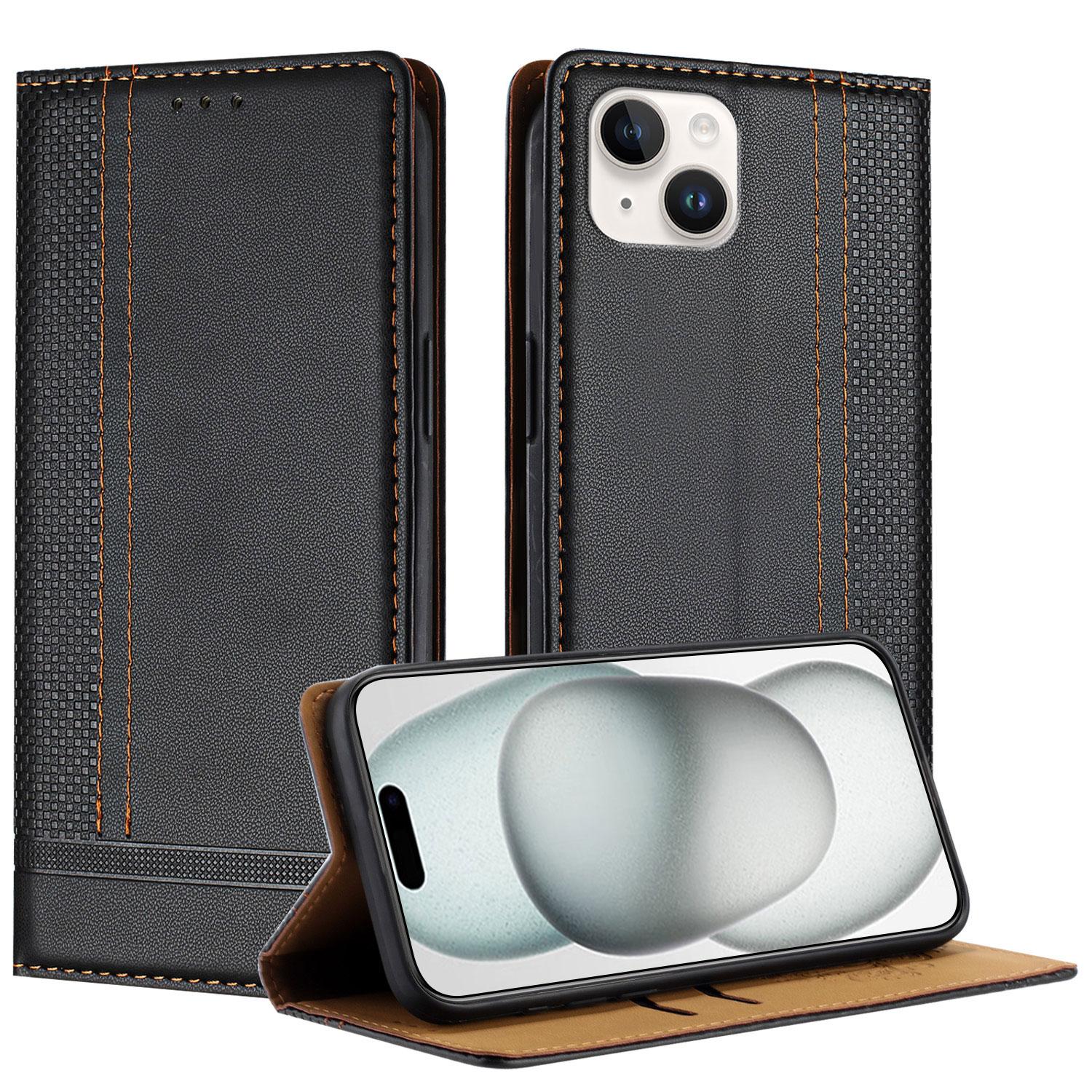 

For iPhone 15 Plus Case L-Shaped Grid Pattern Leather Stand Phone Cover with Card Slots G