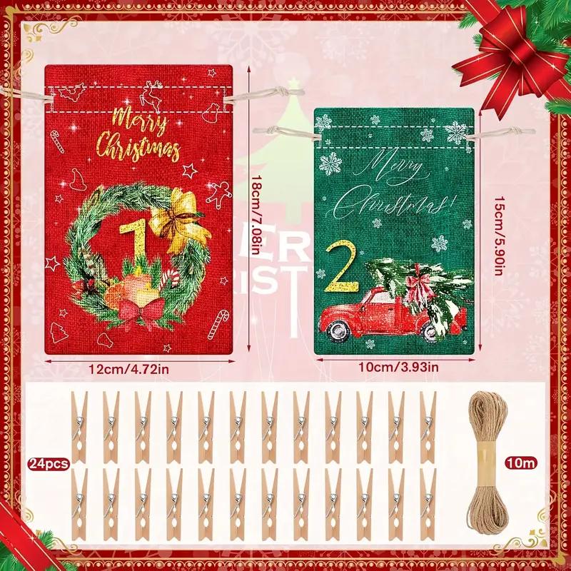 24Pcs Christmas Advent Calendar Number Bags Christmas Gift Burlap Drawstring Bags DIY Countdown Advent Calendar Set with Rope