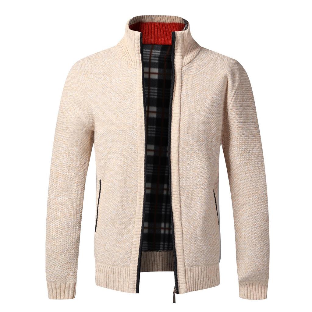 Chunky Knit Fleece-Lined Zipper Cardigan: Stand Collar Winter Sweater