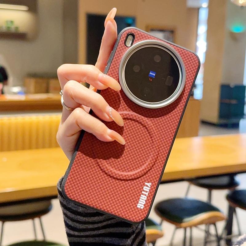 For Vivo X300 and X300 Pro Case Magnetic Carbon Fiber Texture PU Leather Skin Protective Back Metal Lens Button Soft Cover vivo X300 Pro