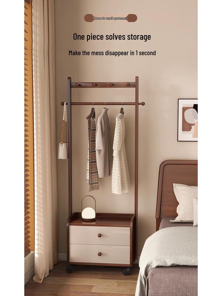 Solid Wood Bedside Table & Coat Rack with Storage Shelf – Indoor Bedroom Floor-Standing Clothes Rack