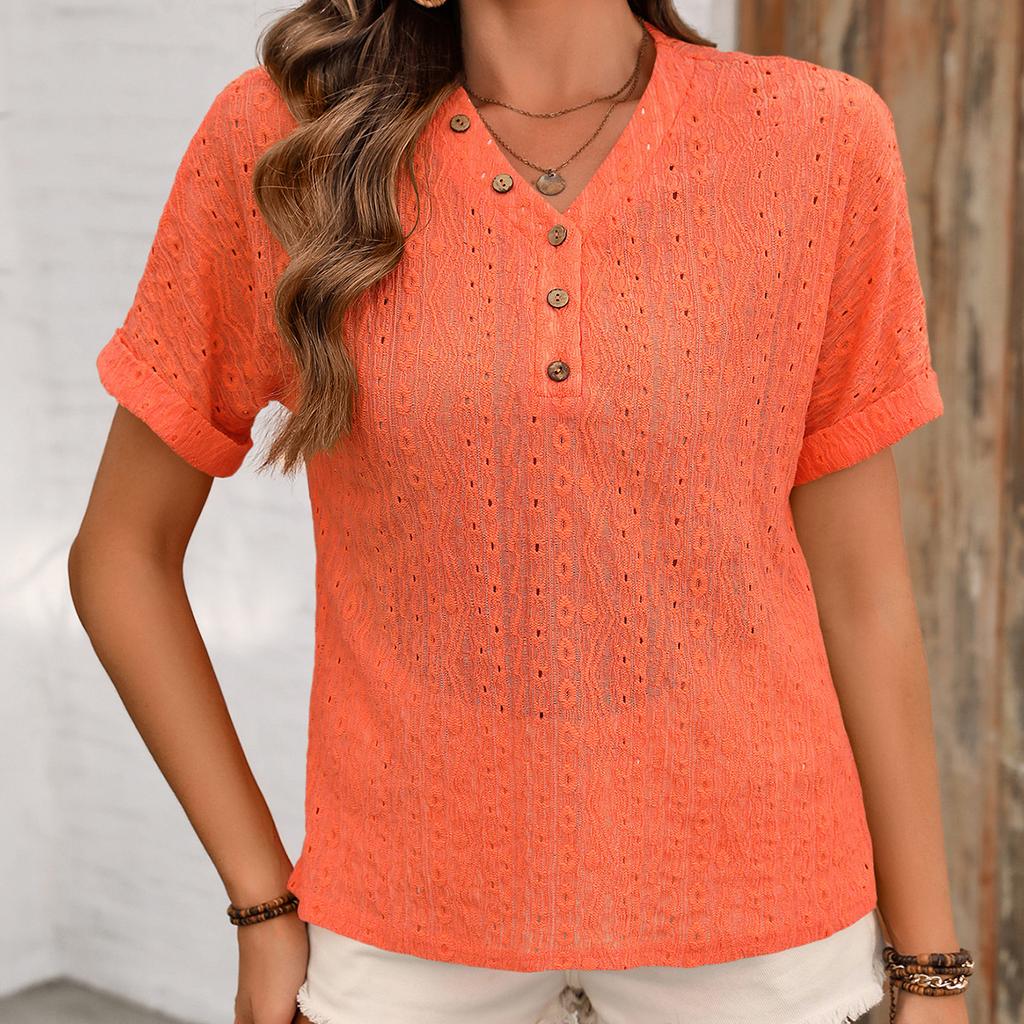 Summer Women's Plus Size Broken Crochet Hollow Decorative Button V-Neck Short Sleeve T-Shirt Top