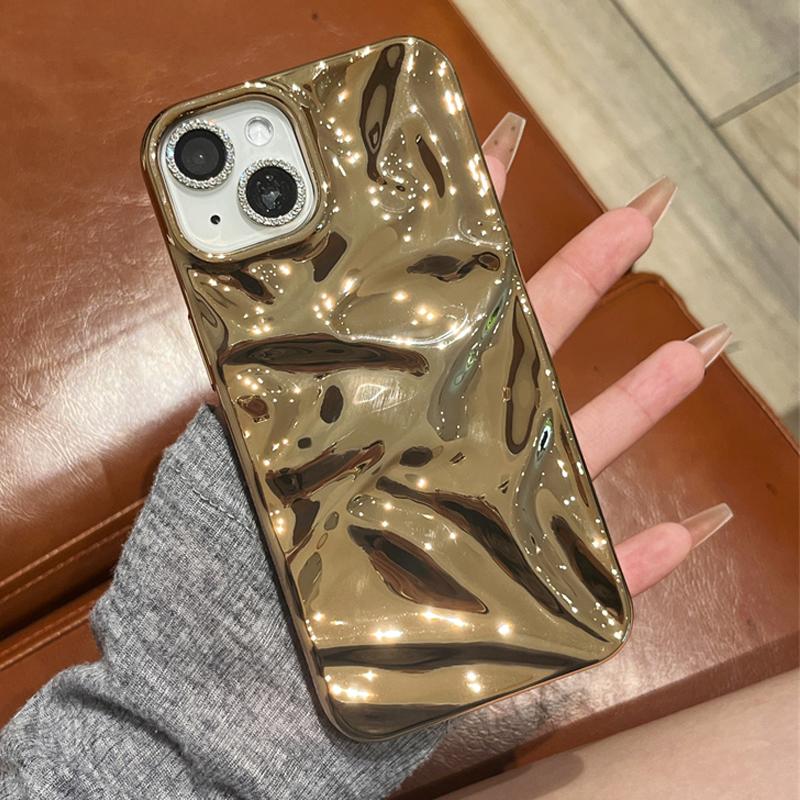 Ins Plating 3D Wrinkled Pattern Phone Case For iPhone 16 15 14 Plus 13 12 Pro Max 11 Wave Texture Soft Shockproof Cover