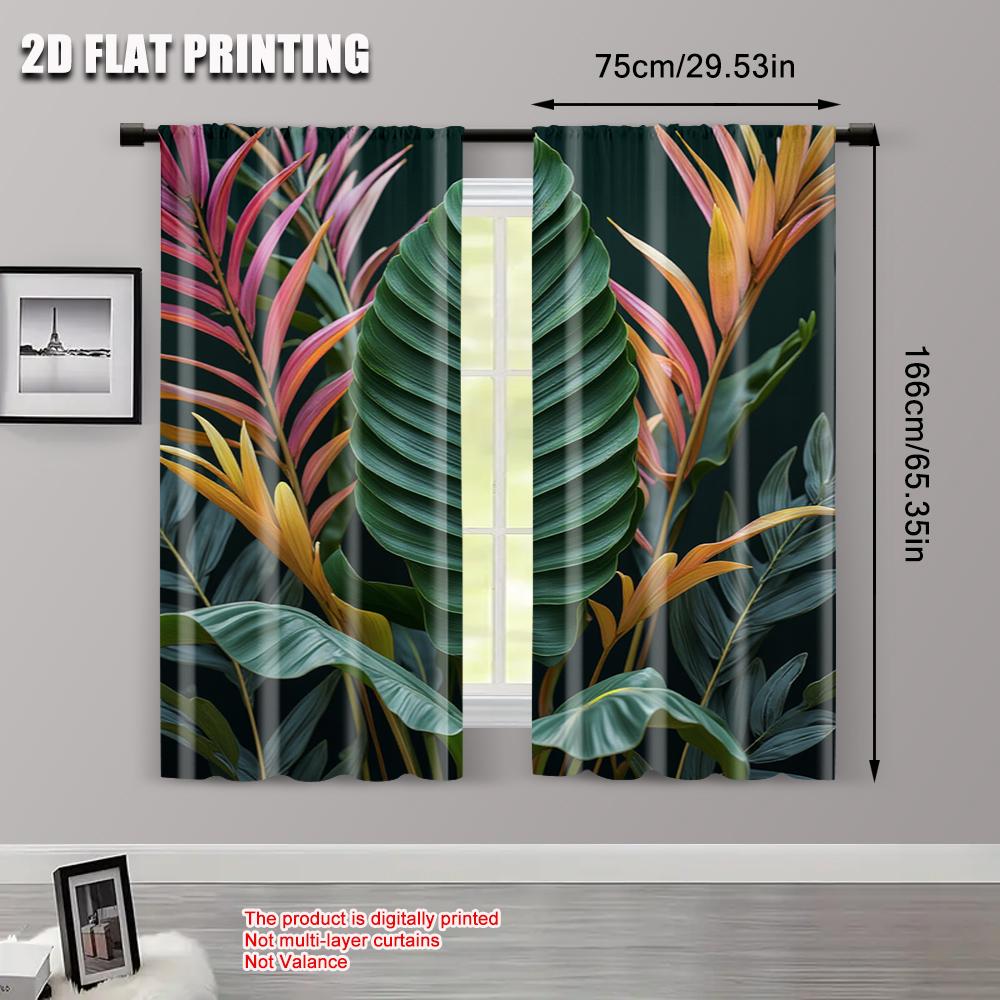 2pcs, 2D flat printing Window Treatment Curtains green leaf Versatile Durable Polyester,Without Electricity Spring Party &
