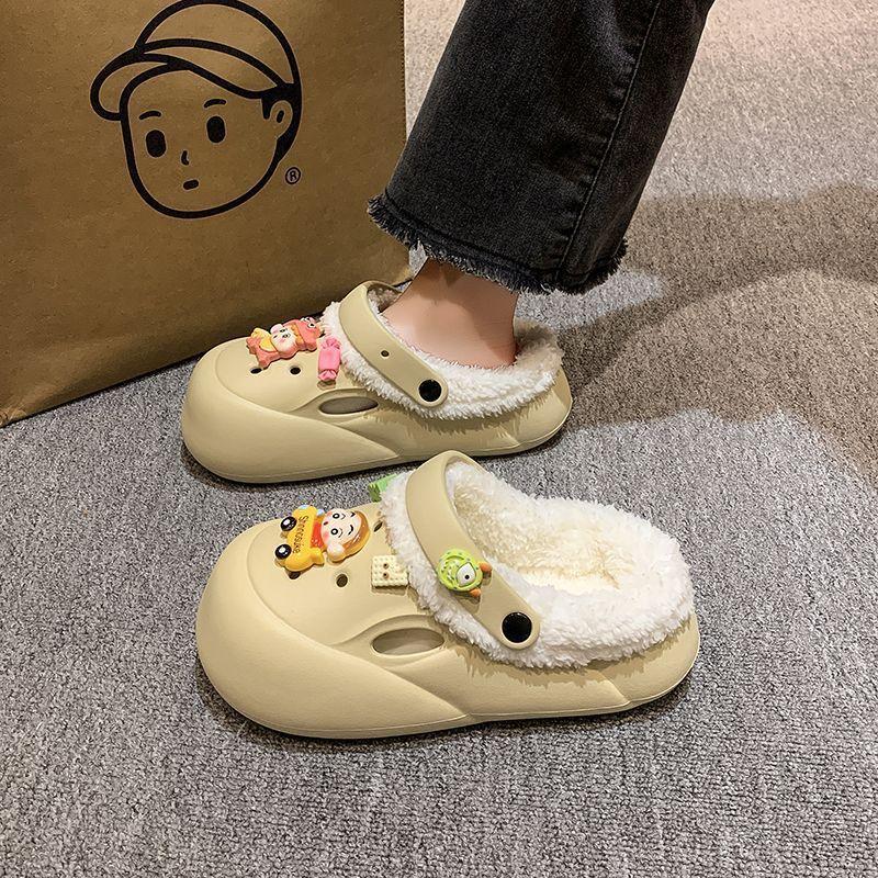 Thick-soled Shit-stepping Bag Head Cotton Slippers Cute Cartoon Crayons Small New Hole Shoes Fashionable Outer Wear 2025 Winter New Models