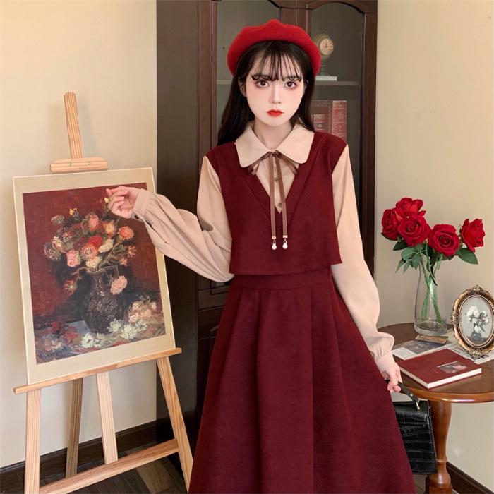 Hepburn Style Women's Corduroy Patchwork Dress - Autumn 2026 Collection, Elegant French Two-Piece Long Dress