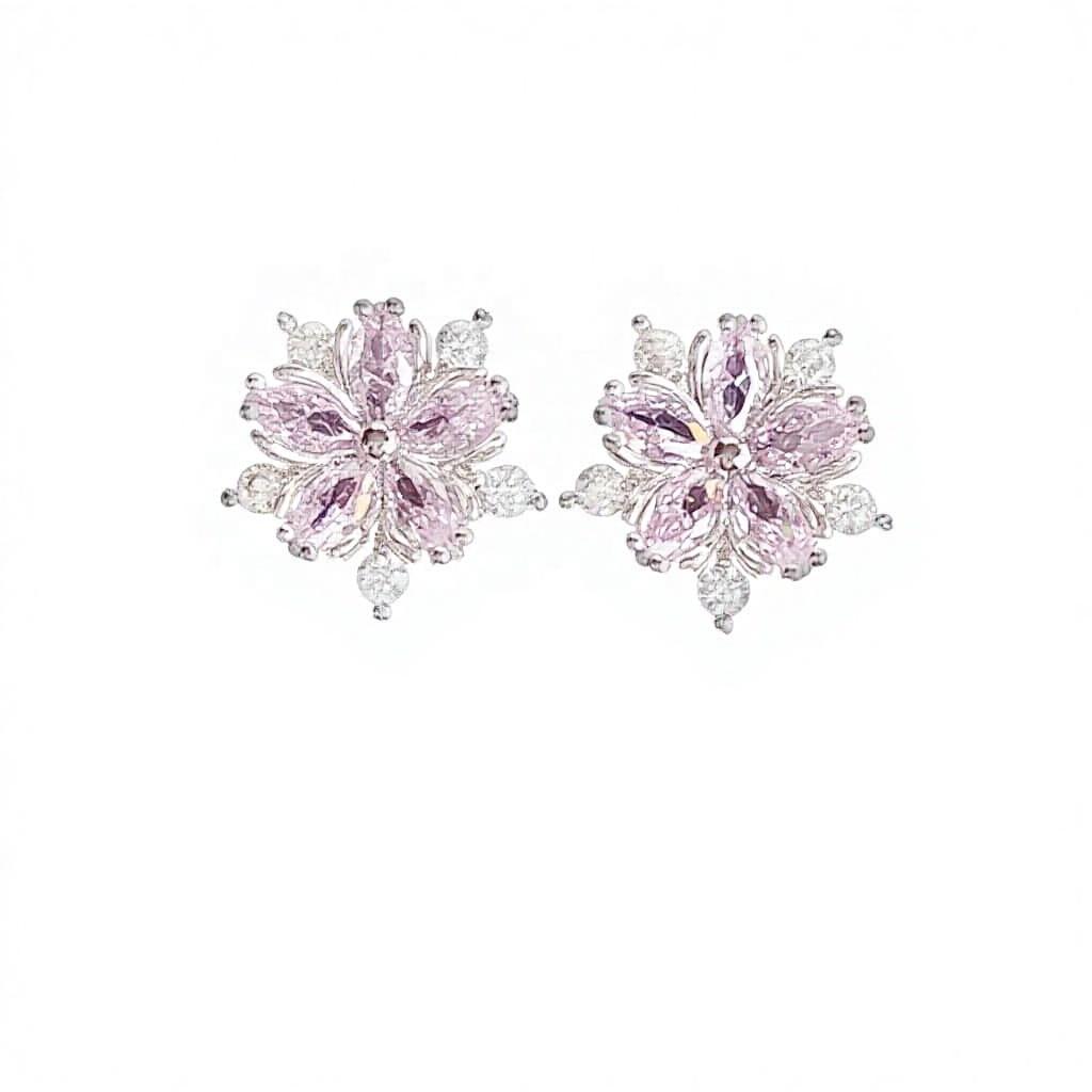 Luxury Trendy Pink Flower Stud Earrings Sparkling Zircon Sakura Cherry Blossom Rhodium Plated Jewelry Women Party Gifts Simple