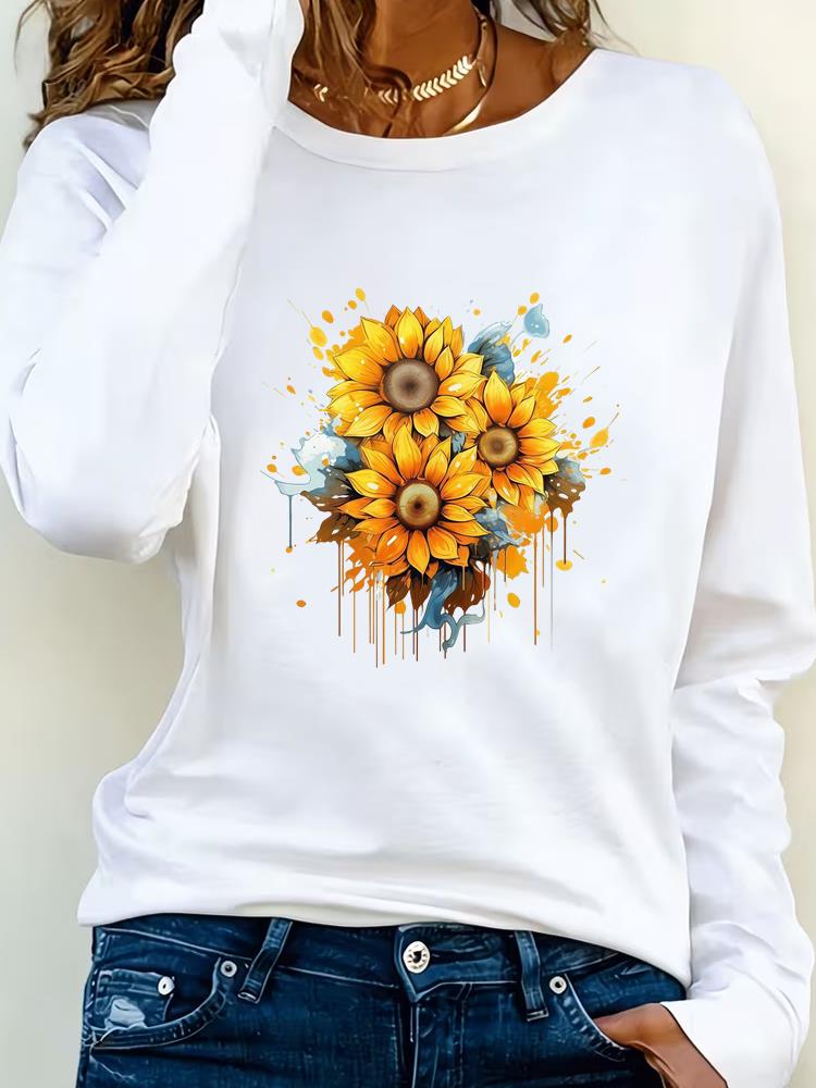 (Asian Size) Lovely Butterfly Style Print T Shirt Tee Women Clothing Autumn Winter Spring Casual Fashion Top O-neck Graphic Long Sleeve T-shirts
