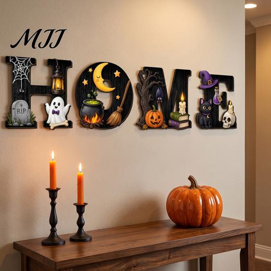 Holiday Home Accents Halloween HOME Letter Wall Hanging Ornament, Wooden Festive Decor with Ghost Skull Party Supplies Pumpkin Black Cat Bat Elements