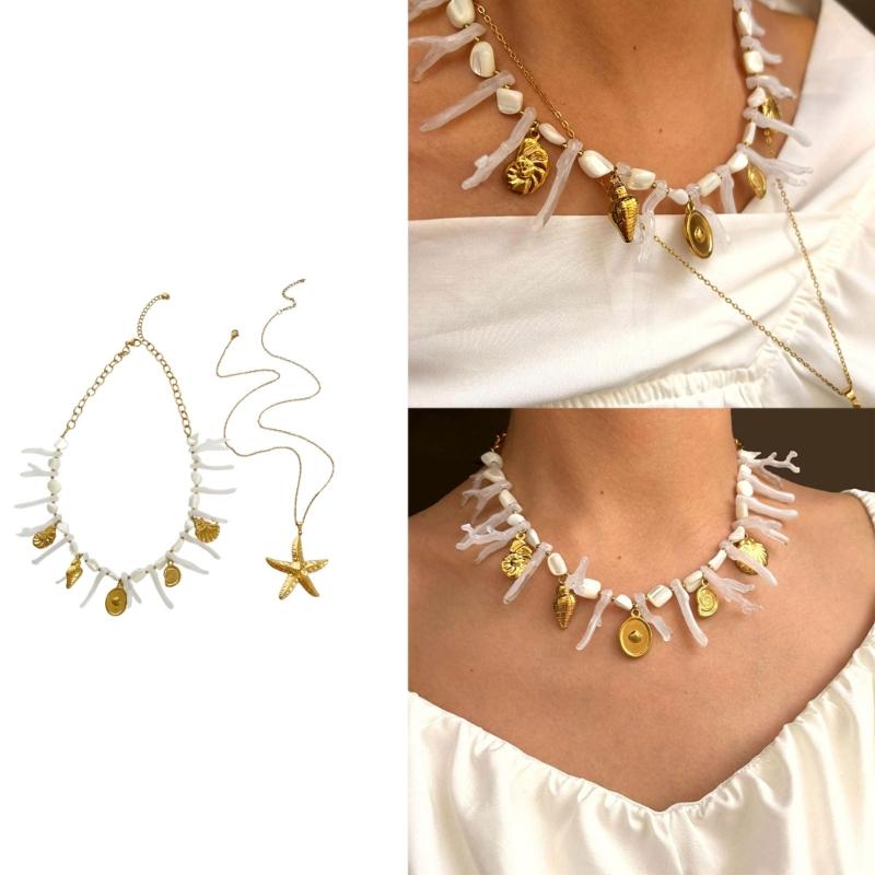 Sea Starfish Coral Shell Beaded Necklace Lightweight Stainless Steel Acrylic Stackable Jewelry For Daily Wear