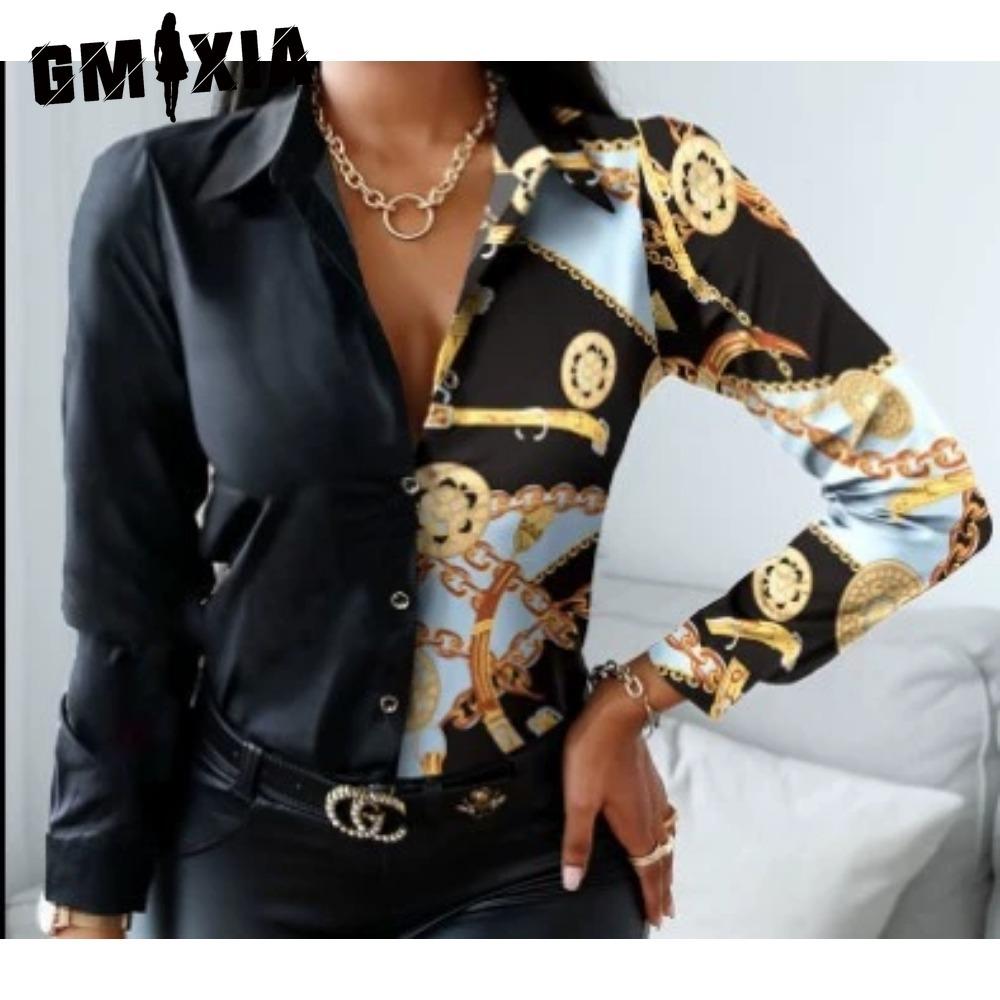 GMXIA Women's Fashion Casual Solid Color Print Long Sleeve POLO Neck Blouses & Shirts