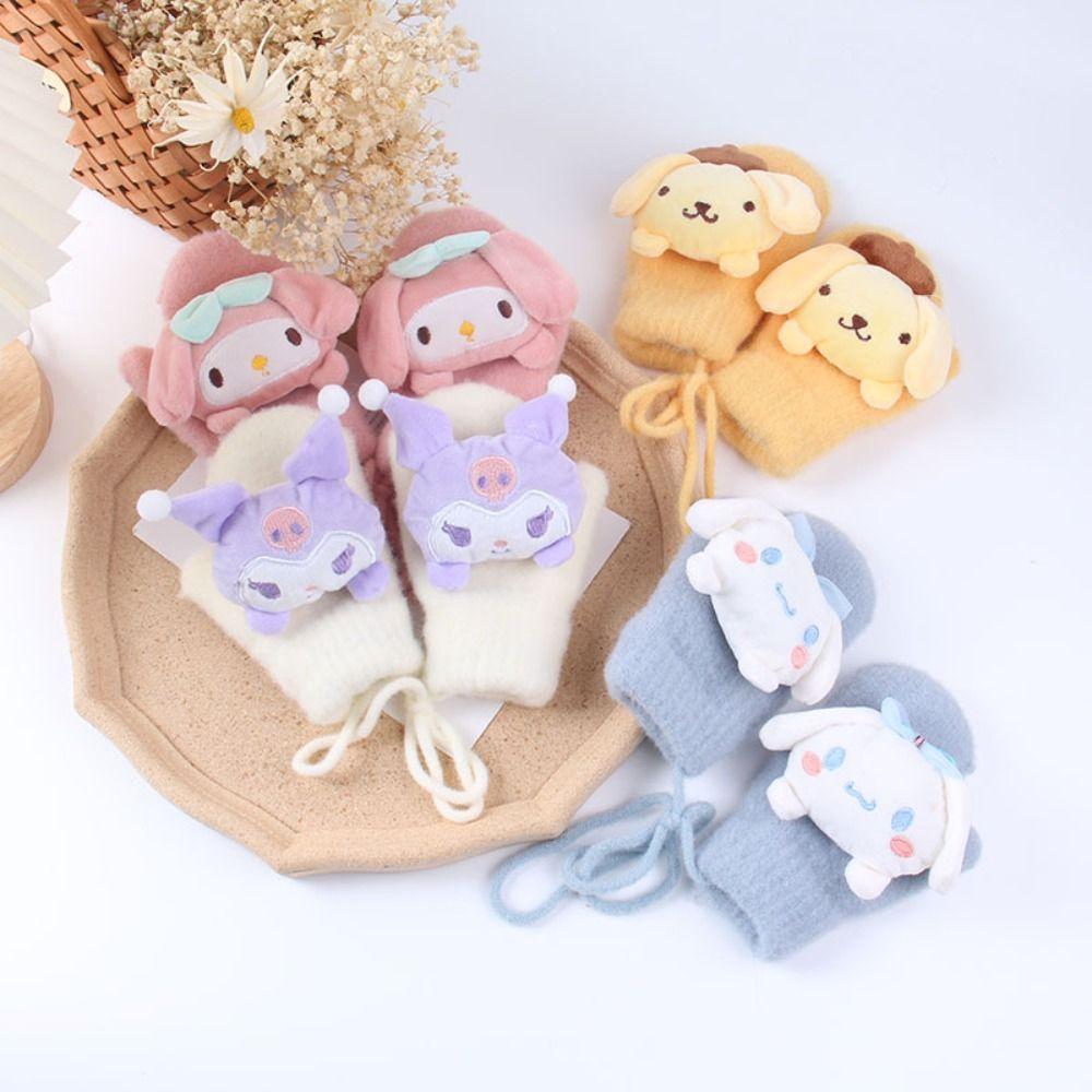 

Kuromi Neck Hanging Gloves Melody Knitted Mittens Thicken Children Plush Gloves Outdoor