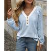 2025 New Women's V-neck Button Pullover Splicing Casual Long-sleeved Color-blocked T-shirt