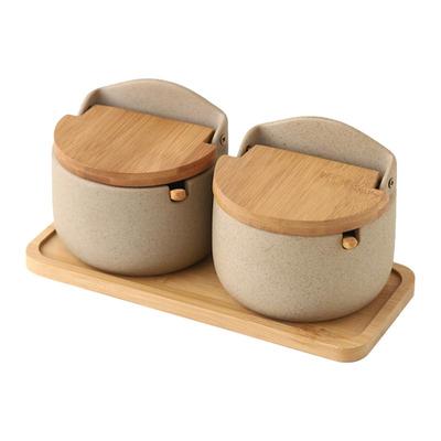 Salt Cellar With Lid Ceramic 2X Salt Storage Container With Wooden Spoon And Lid Seasoning Box Kitchen Seasoning Storage Jar