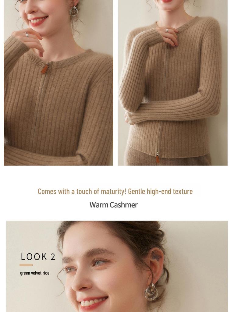 Fashionable Ribbed Cashmere Zipper Cardigan Sweater - Slimming Knit, Round Neck Wool Coat
