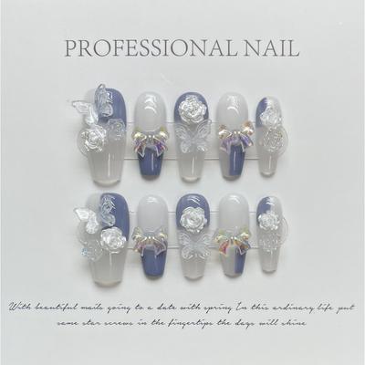 Unhas artificiais feitas à mão Aurora Bow Nó Camélia Borboleta Transparente Haze Azul Contraste Cor Fototerapia Unhas Reutilizáveis e Removíveis