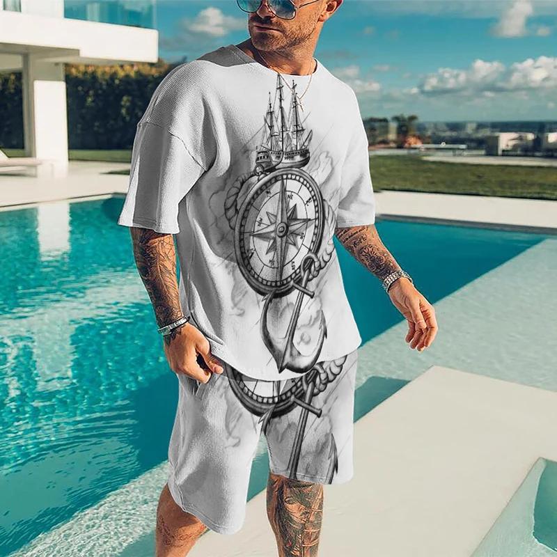 Summer Men 3D Printed Compass Casual Luxury T-Shirt Shorts Set Tracksuit Male 2 Pieces Fashion Outfit Man Clothing Jogging Suit