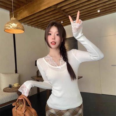 Retro Lace Splicing Bottoming Shirt for Women's Autumn and Winter New Pure Desire Slim and Thin Spice Girl Sexy Long-sleeved Top