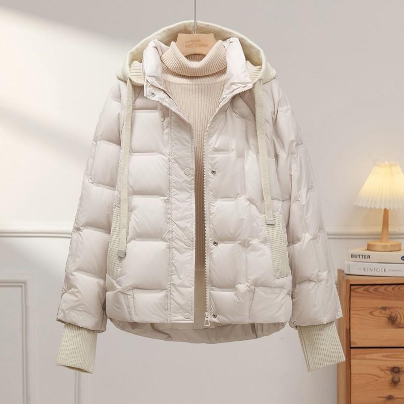 Womens Short Puffer Jacket With Hood White Duck Down Fill Ribbed Cuffs Loose Fit Winter