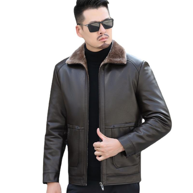 Зимняя мужская мотоциклетная кожаная куртка большого размера из овчины — фото 4