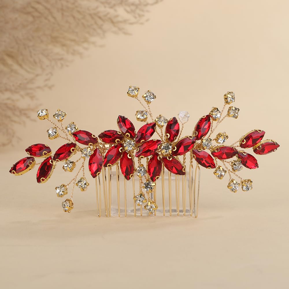 Red Rhinestones Side Headpiece for Women Handmade Hair Comb with Crystal Handmade Long Hair Accessories (Red)