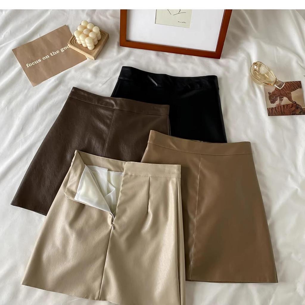 Autumn/Winter 2023 Women's PU Leather A-Line Skirt - High Waist, Slim Fit, Knee-Length, Casual Korean Style