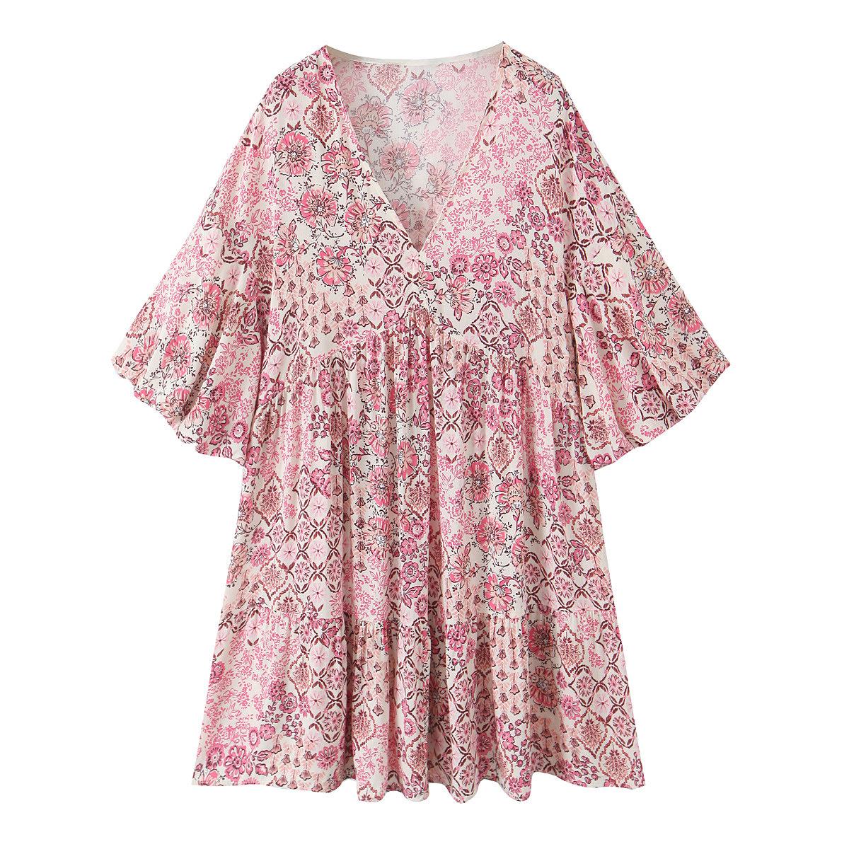 

2025 Spring Women s European & American Casual Puff Sleeve Print Dress Large цветочный