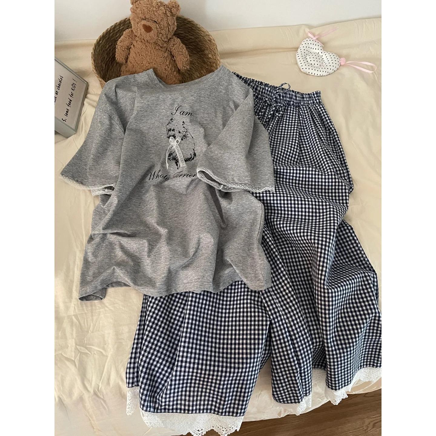 

Korean casual plaid lace cartoon can be worn outside, short-sleeved pajamas for women s summer new trousers suit, loungewear outside M