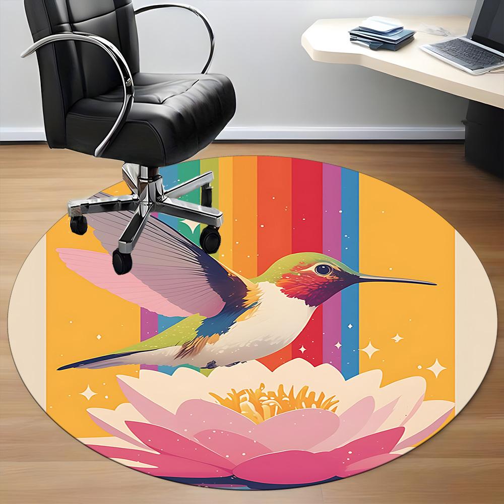 1PC Hummingbird Lotus Office Round Area Rug,  Mat Suitable ForOffice, Under Office Chairs Bedroom Living Room Home Decor, Room Deco